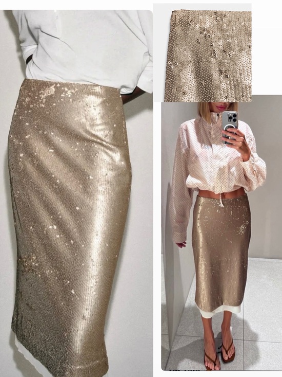 Zara Dresses & Skirts - Zara NWT ZW COLLECTION beige light taupe muted Metallic Sequin Midi Skirt